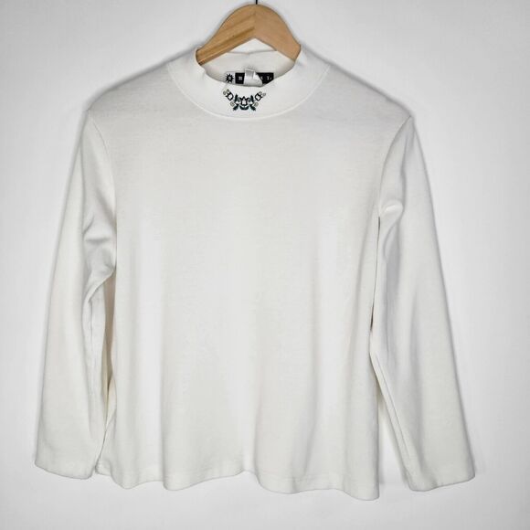 Vintage Off-White Embroidered Mock Neck Size L Tulip Cotton Blend USA Flowers - Picture 4 of 10